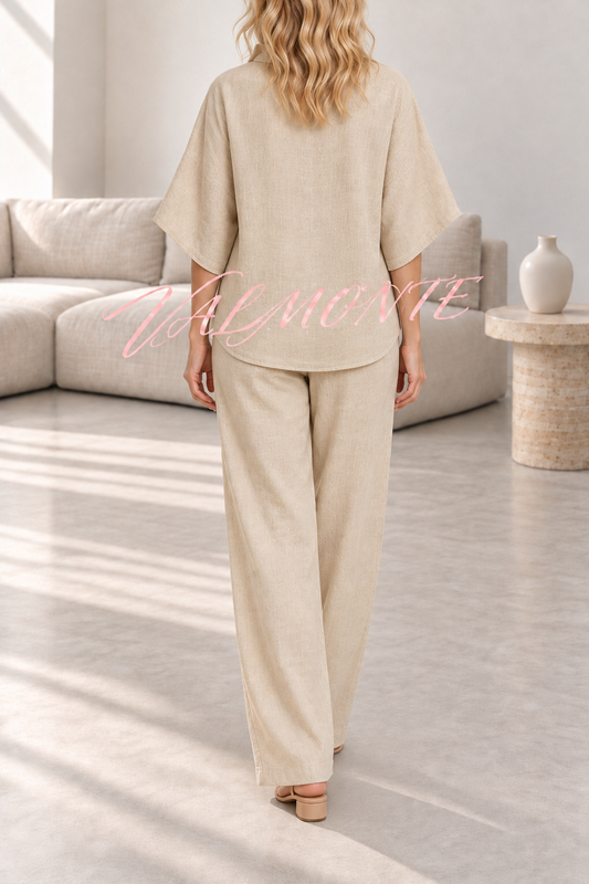 Conjunto de mezcla de lino con blusa abotonada y pantalón holgado