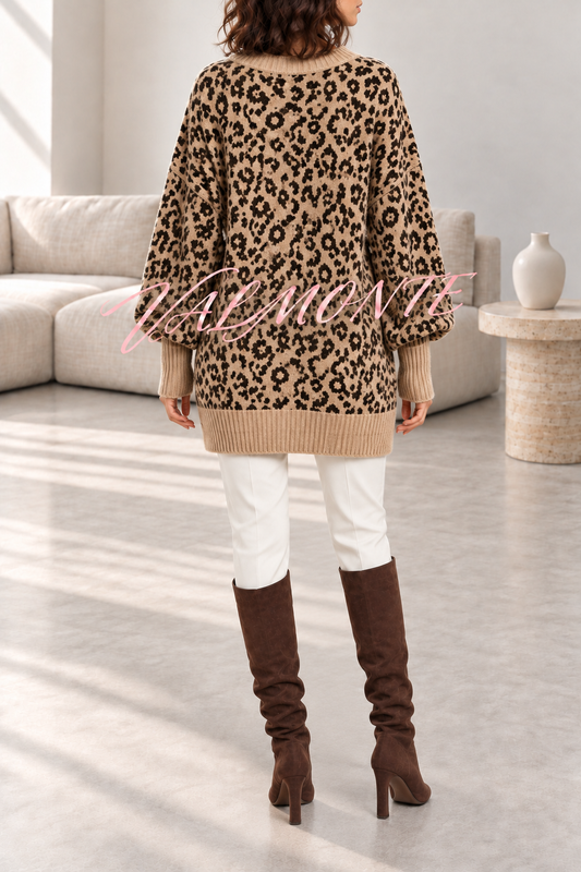 Jersey holgado de leopardo con cuello en V y mangas de murciélago