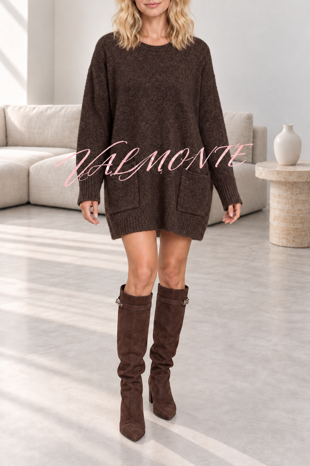 Minivestido de punto oversize con mangas largas tipo murciélago, bolsillos y tacto cálido