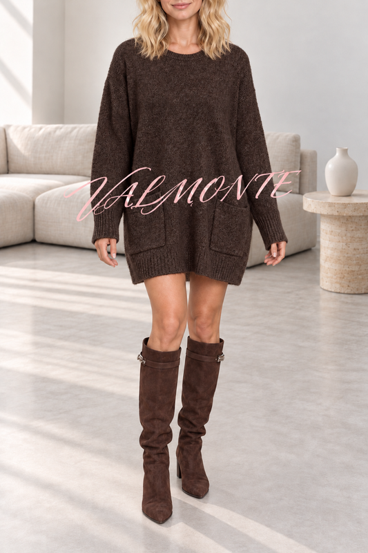 Minivestido de punto oversize con mangas largas tipo murciélago, bolsillos y tacto cálido