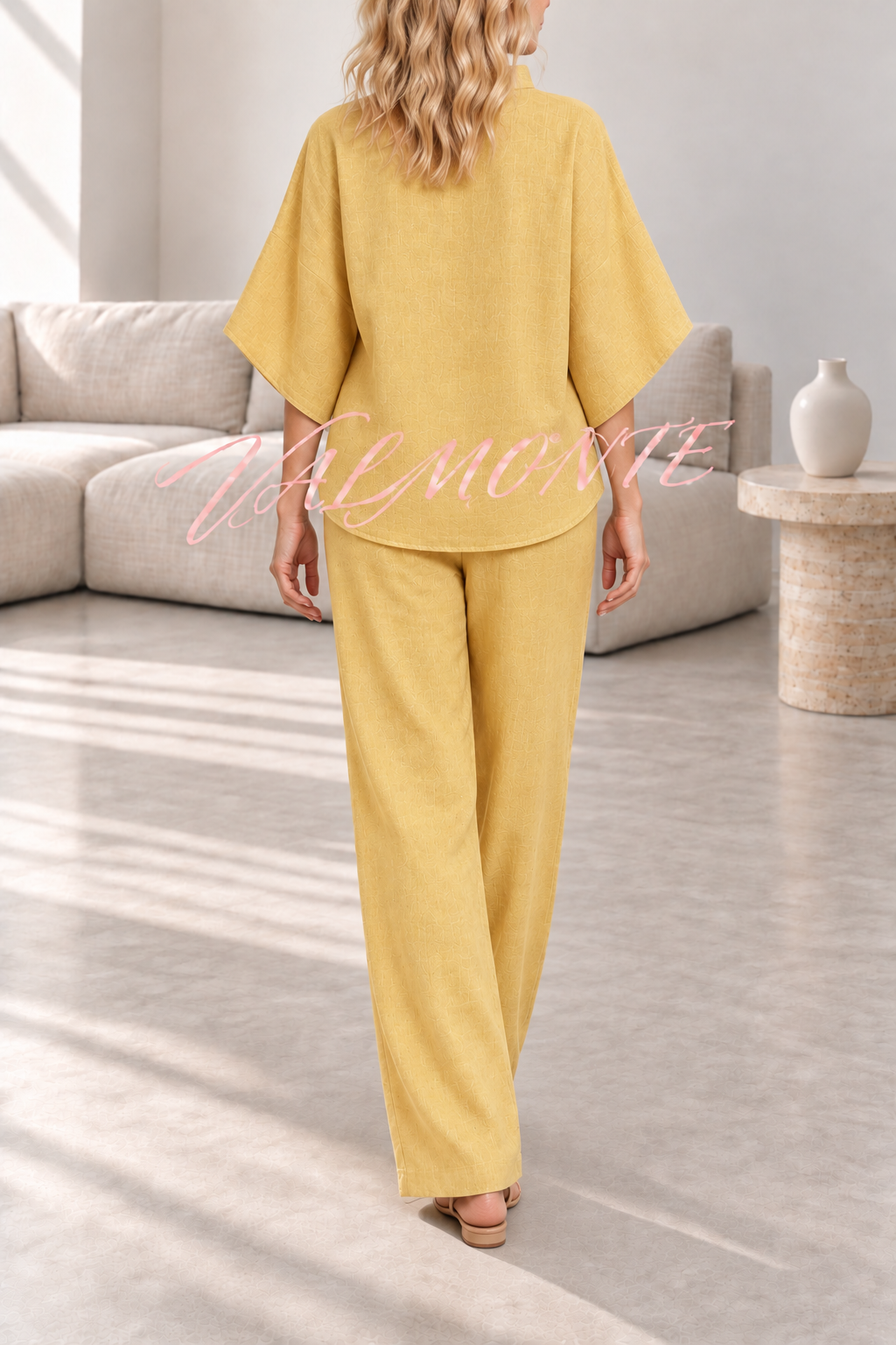 Conjunto de mezcla de lino con blusa abotonada y pantalón holgado