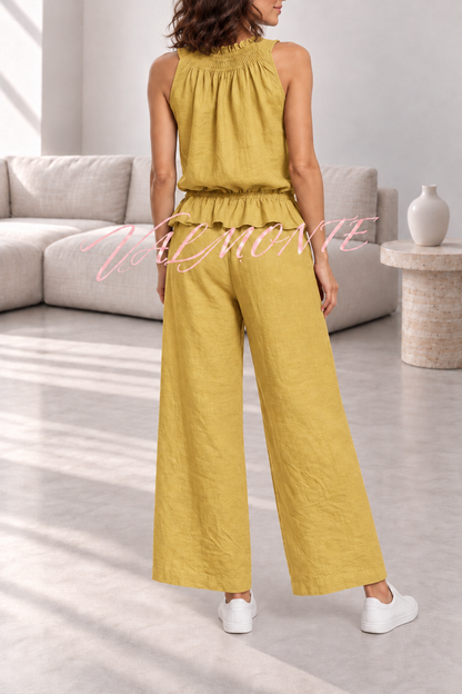 Conjunto de mezcla de lino con top de volantes y pantalón ancho