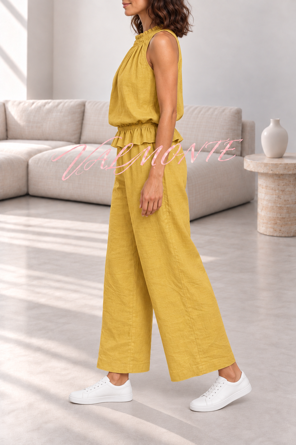 Conjunto de mezcla de lino con top de volantes y pantalón ancho