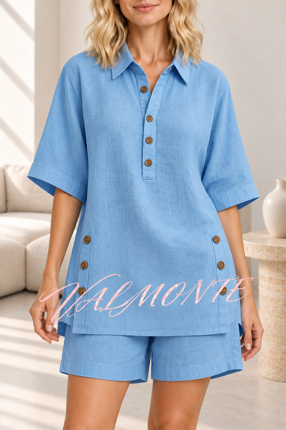 Conjunto liso de camisa holgada de manga corta con cuello y botones y pantalón corto con cintura elástica y bolsillos