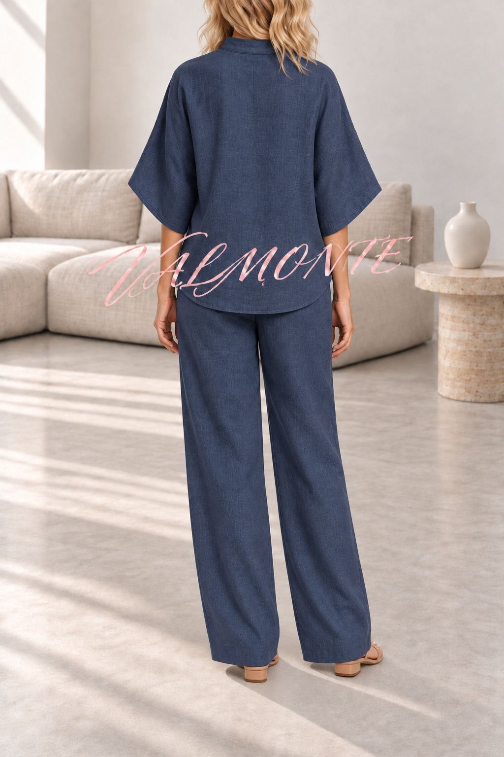 Conjunto de mezcla de lino con blusa abotonada y pantalón holgado