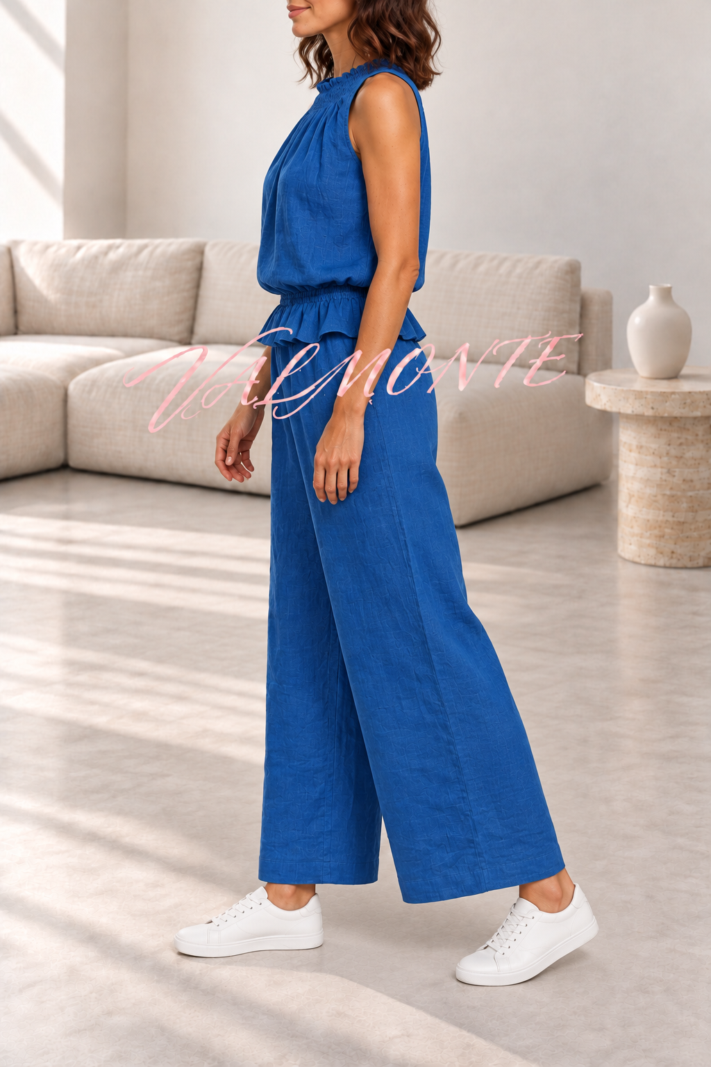 Conjunto de mezcla de lino con top de volantes y pantalón ancho