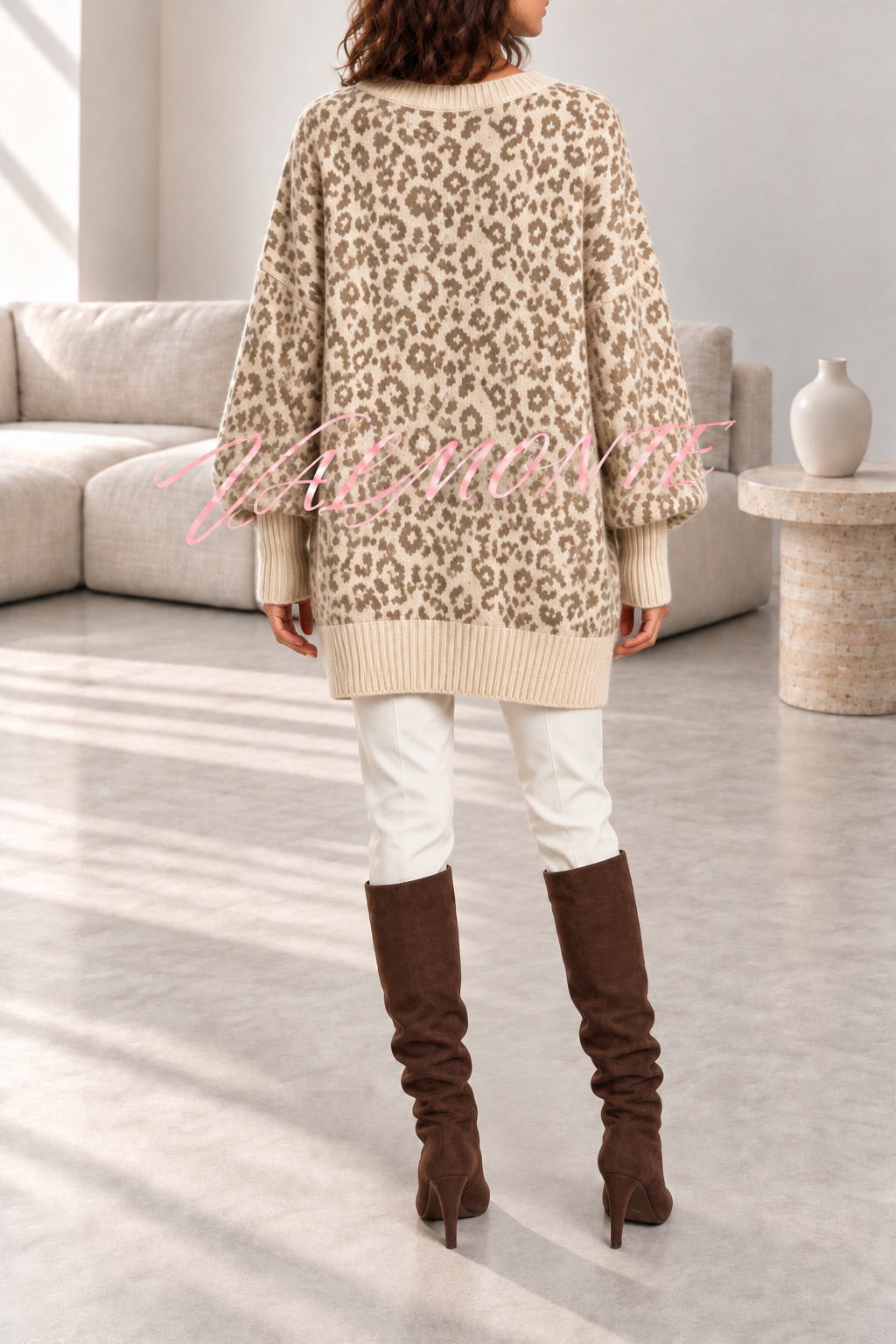 Jersey holgado de leopardo con cuello en V y mangas de murciélago