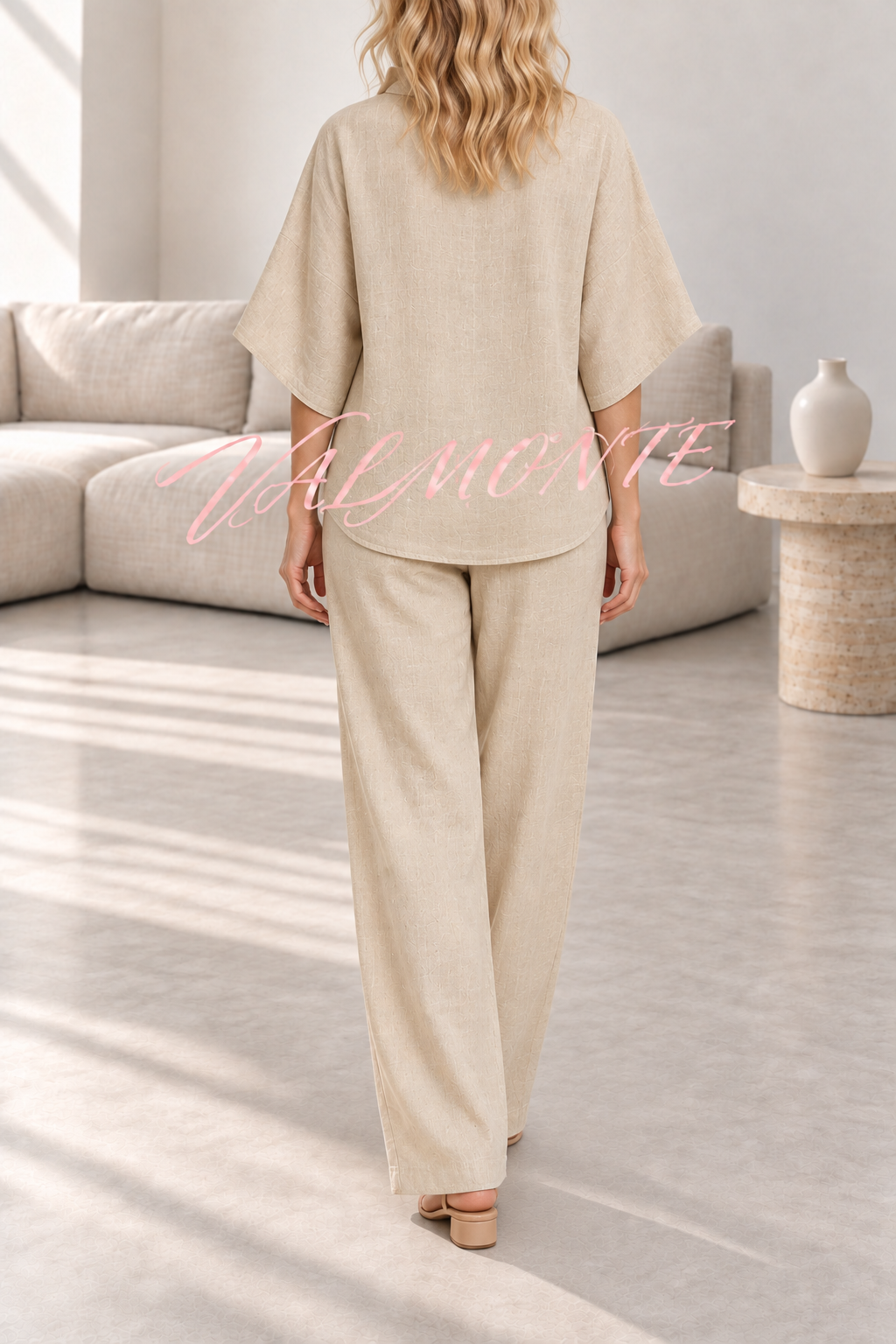 Conjunto de mezcla de lino con blusa abotonada y pantalón holgado