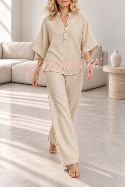 Conjunto de mezcla de lino con blusa abotonada y pantalón holgado