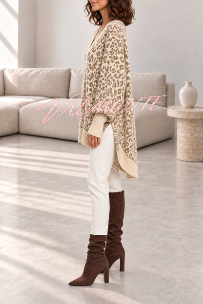 Jersey holgado de leopardo con cuello en V y mangas de murciélago