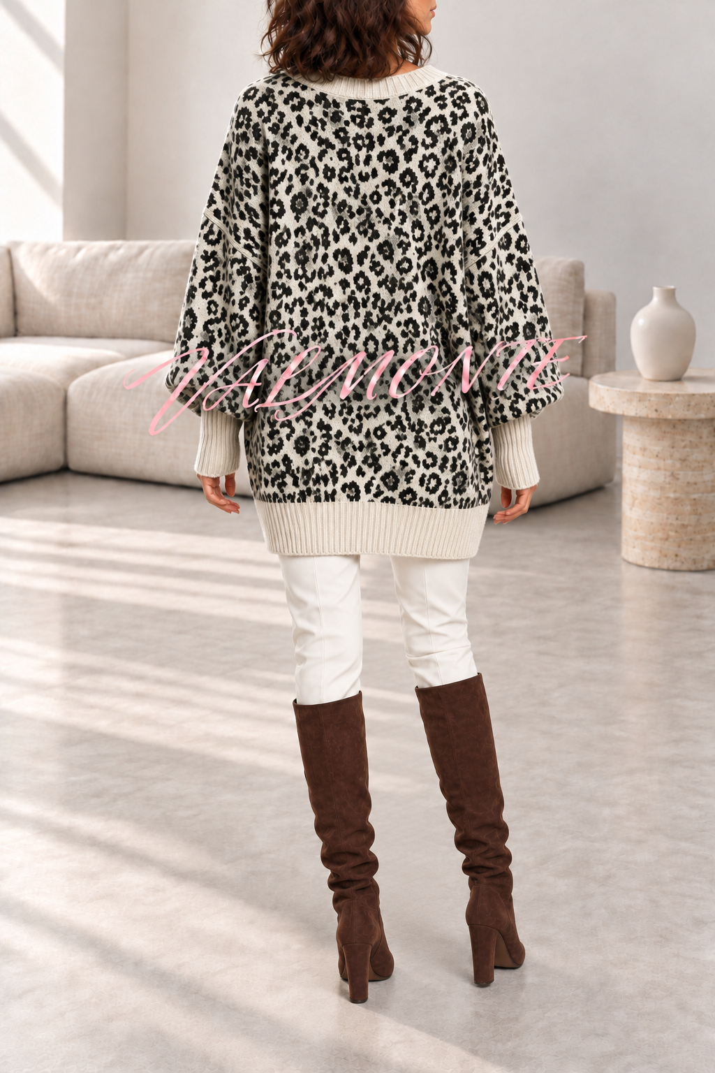 Jersey holgado de leopardo con cuello en V y mangas de murciélago