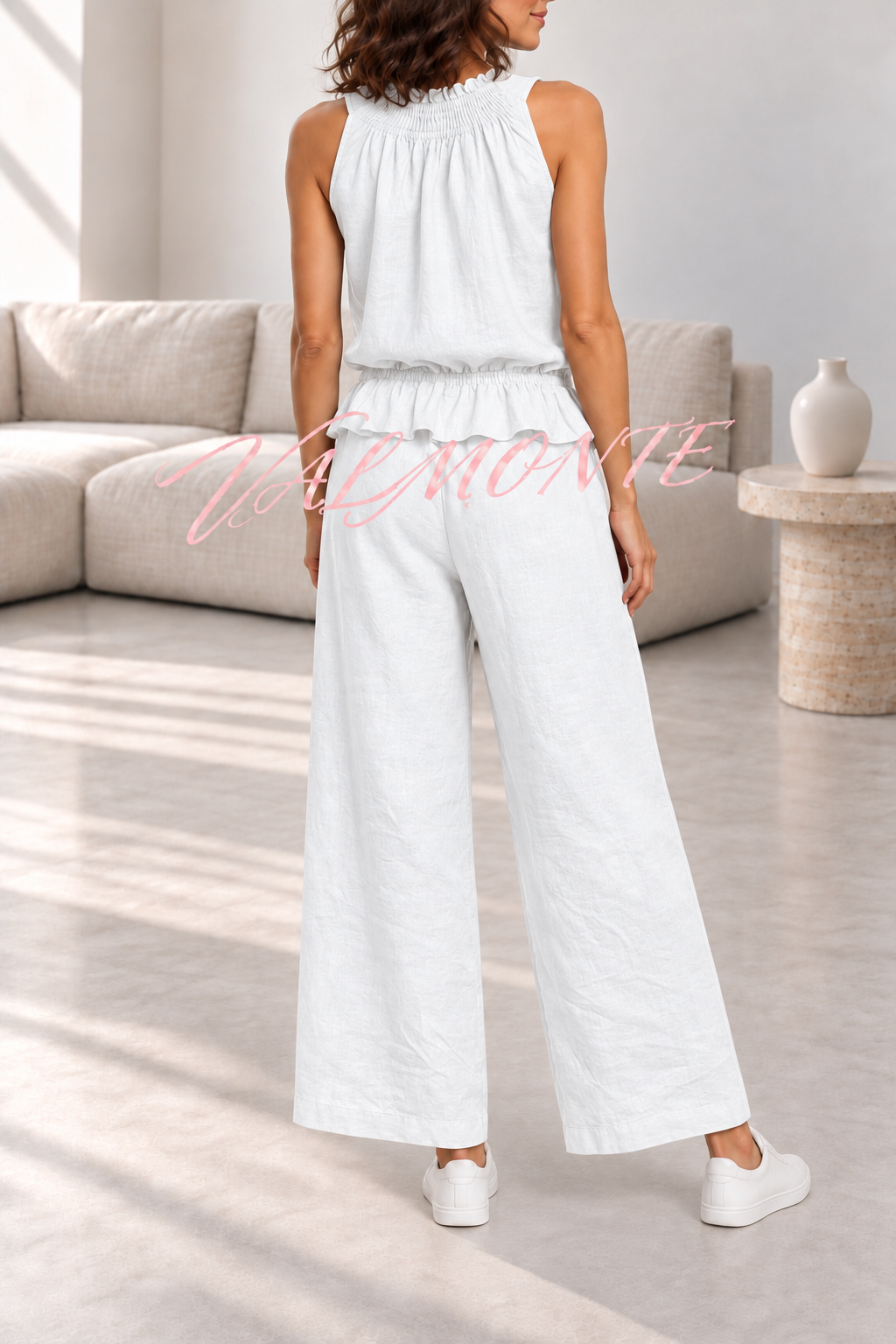 Conjunto de mezcla de lino con top de volantes y pantalón ancho