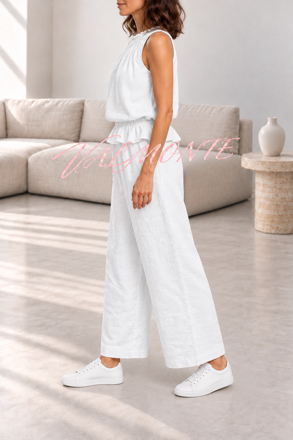 Conjunto de mezcla de lino con top de volantes y pantalón ancho