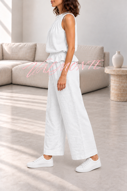 Conjunto de mezcla de lino con top de volantes y pantalón ancho