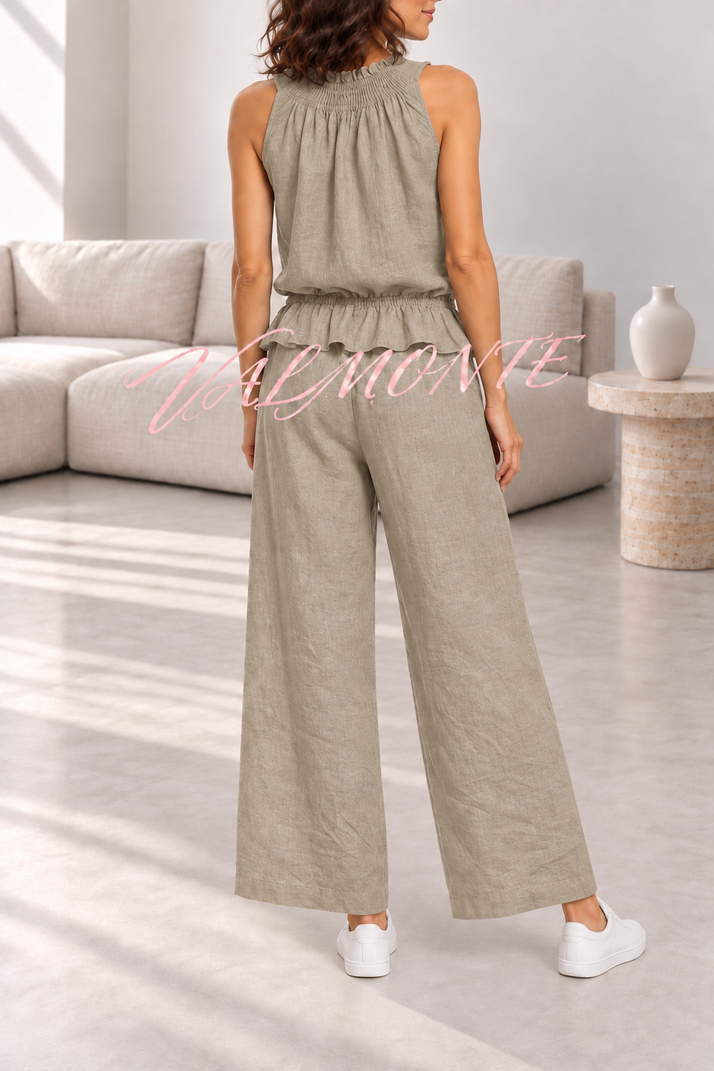 Conjunto de mezcla de lino con top de volantes y pantalón ancho