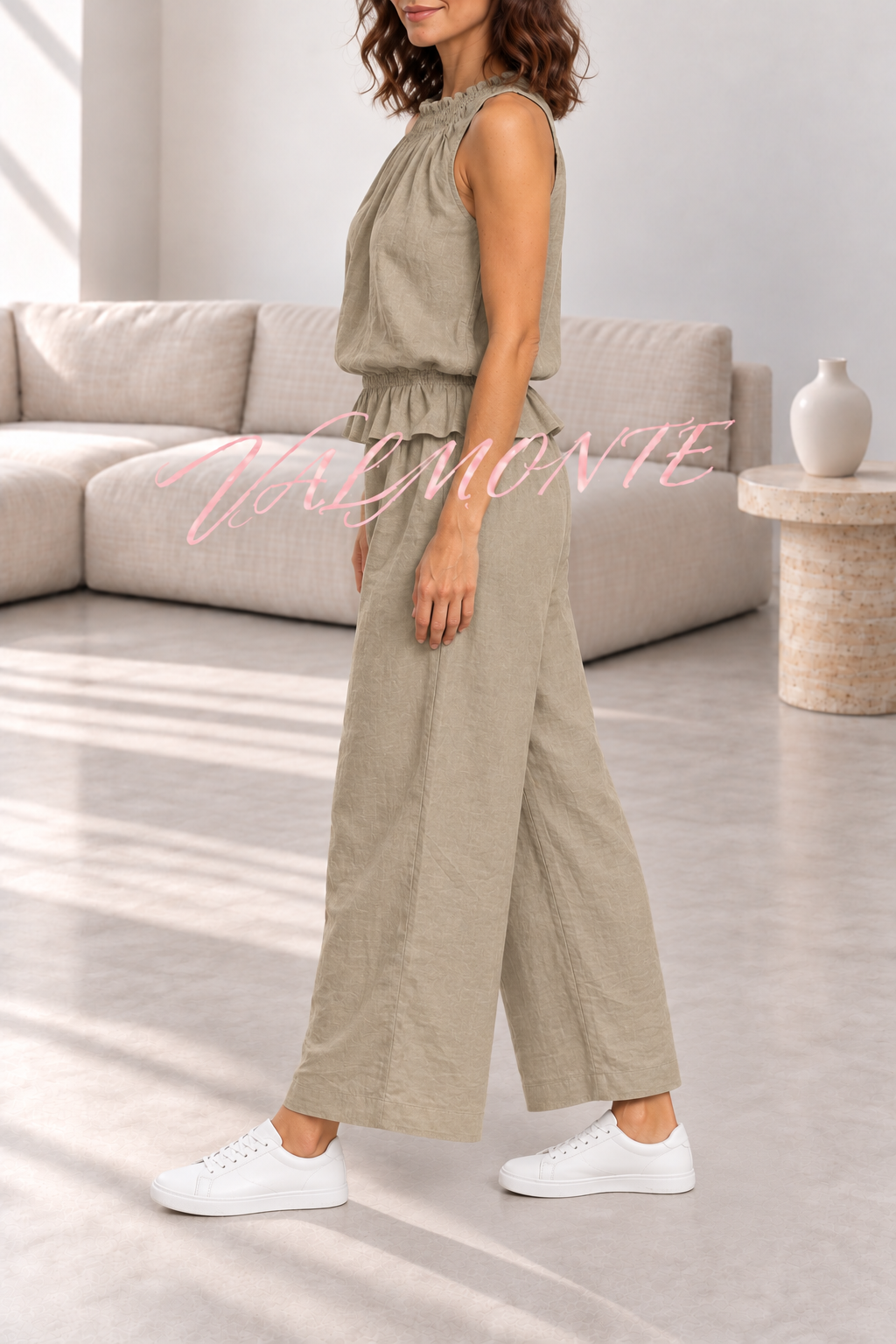 Conjunto de mezcla de lino con top de volantes y pantalón ancho