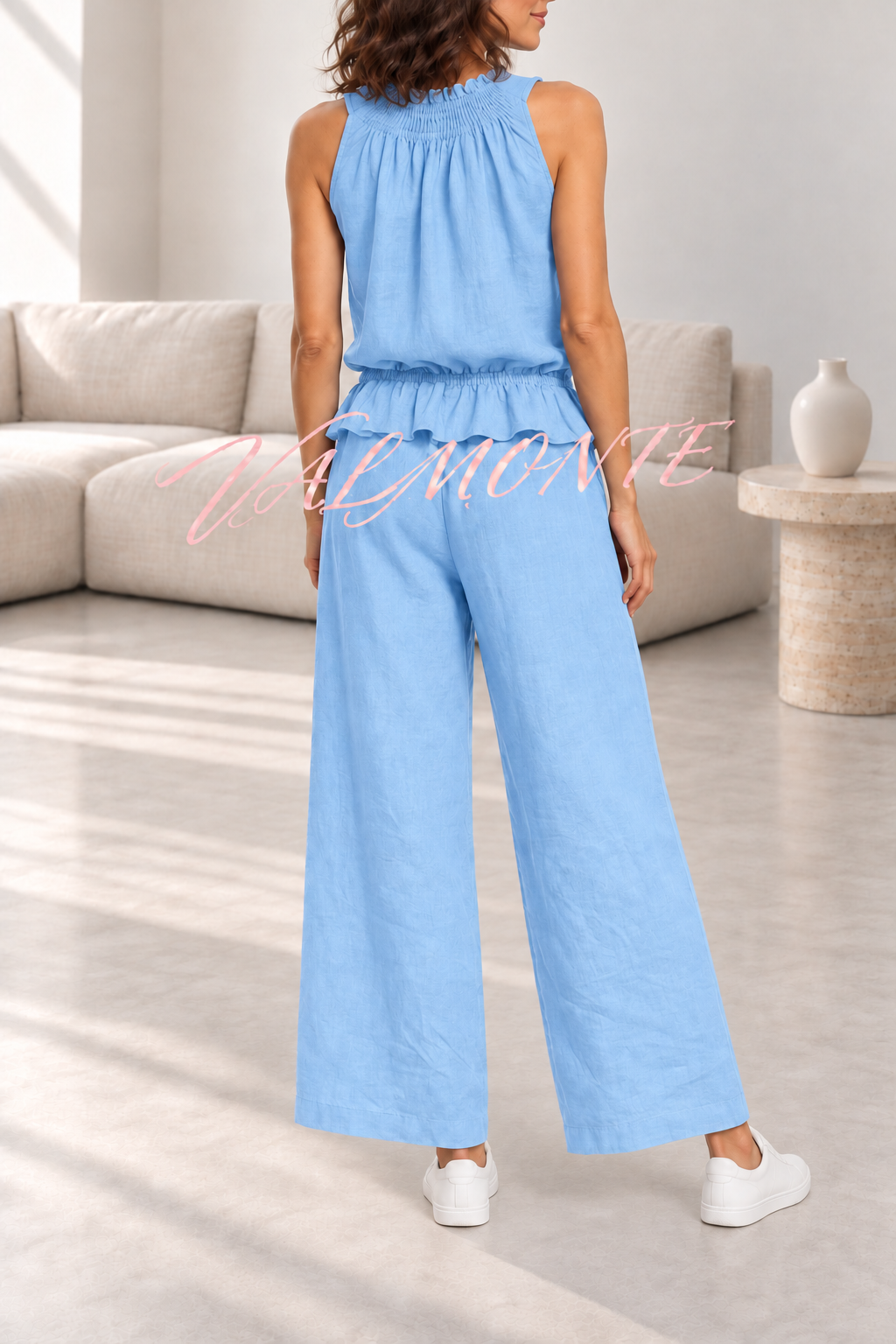 Conjunto de mezcla de lino con top de volantes y pantalón ancho