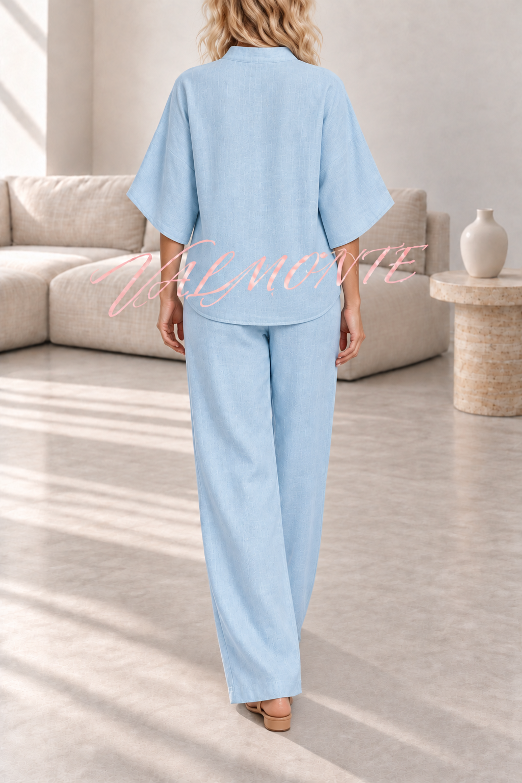 Conjunto de mezcla de lino con blusa abotonada y pantalón holgado