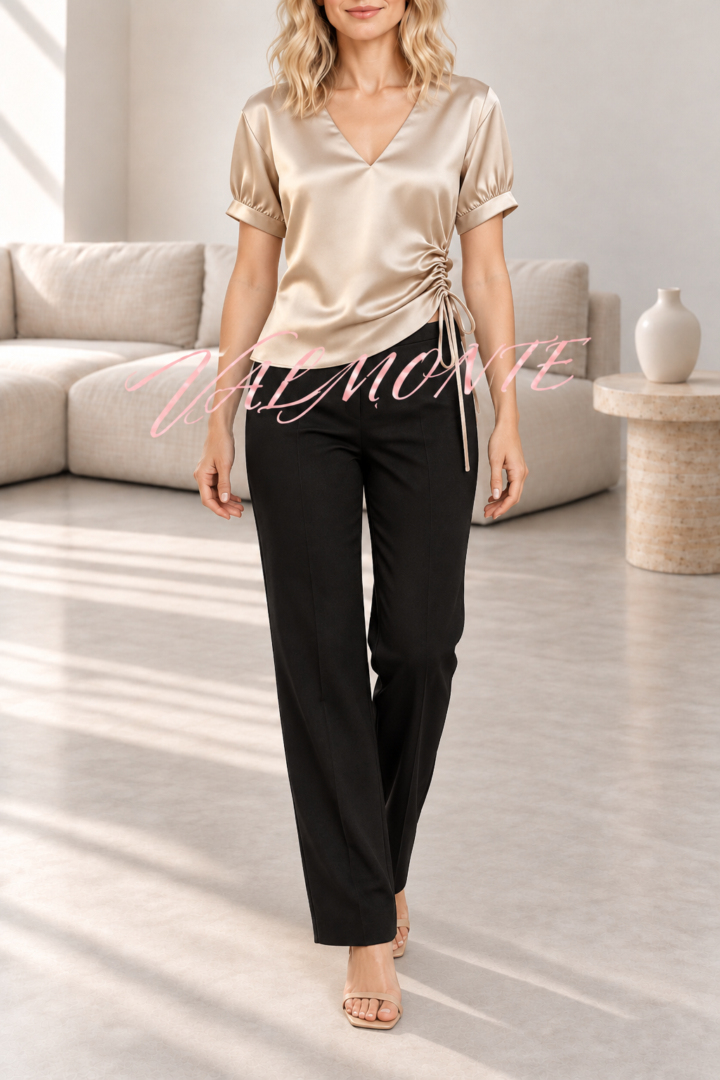 Blusa de satén lisa de manga corta con escote en V y fruncido lateral en la cintura