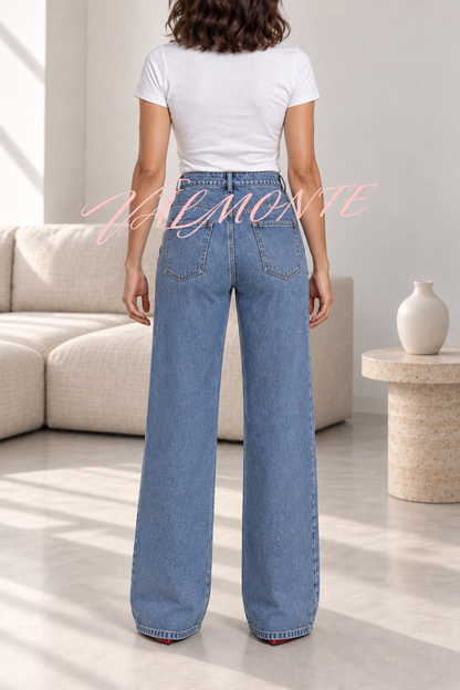Vaqueros retro informales de cintura alta, con estampado de corazones, bolsillos y pernera ancha