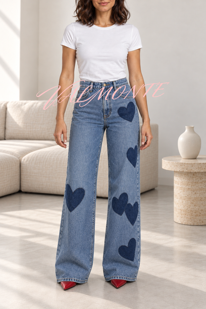 Vaqueros retro informales de cintura alta, con estampado de corazones, bolsillos y pernera ancha