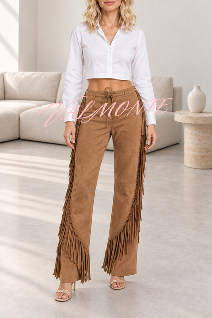 Pantalones holgados de estilo vintage, con cordones, ribete de borlas en la cintura y bolsillos