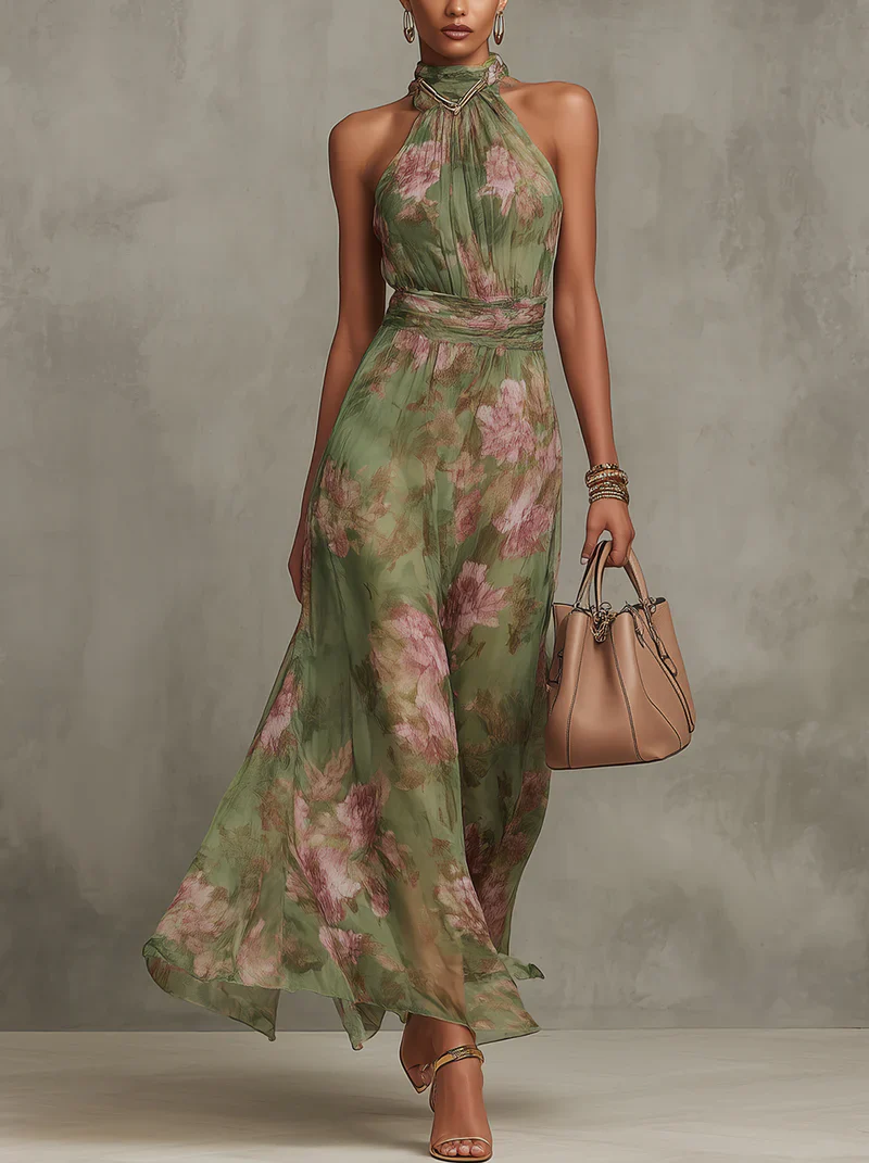 Azalea - Vestido largo verde con estampado floral