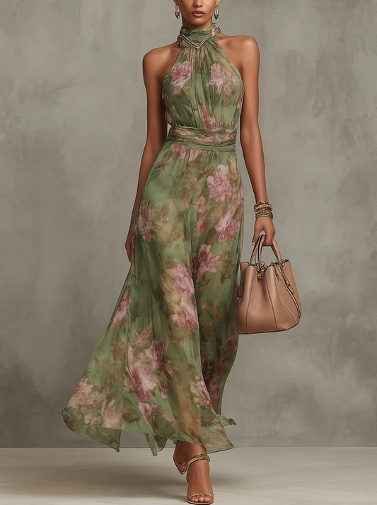 Azalea - Vestido largo verde con estampado floral