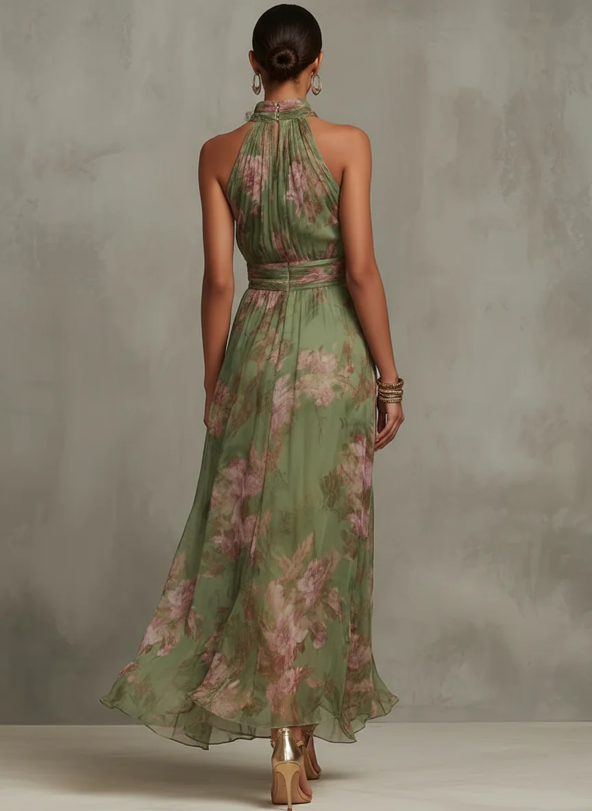 Azalea - Vestido largo verde con estampado floral