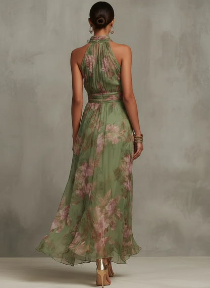 Azalea - Vestido largo verde con estampado floral