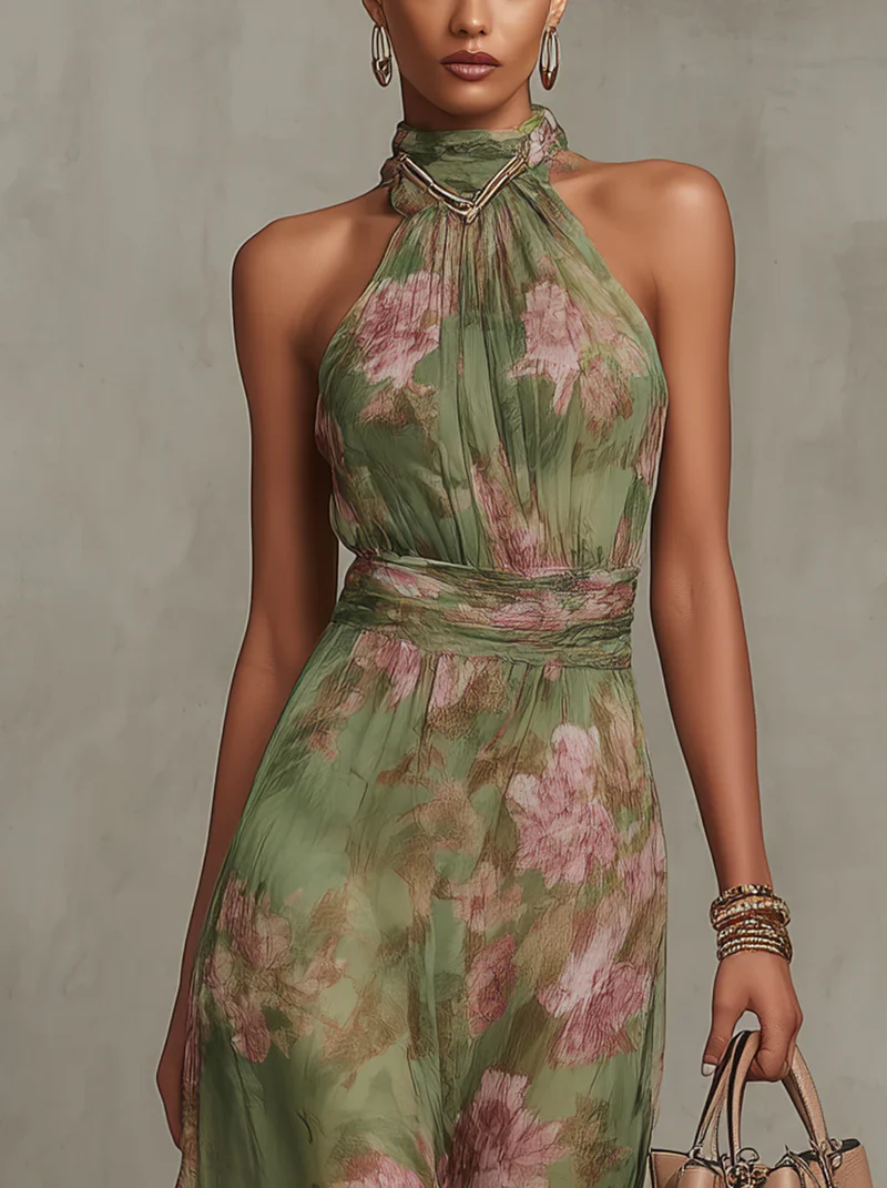 Azalea - Vestido largo verde con estampado floral