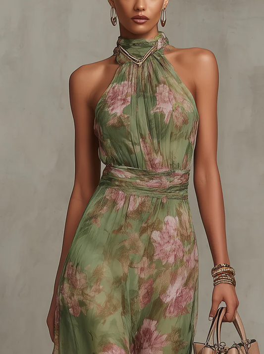Azalea - Vestido largo verde con estampado floral