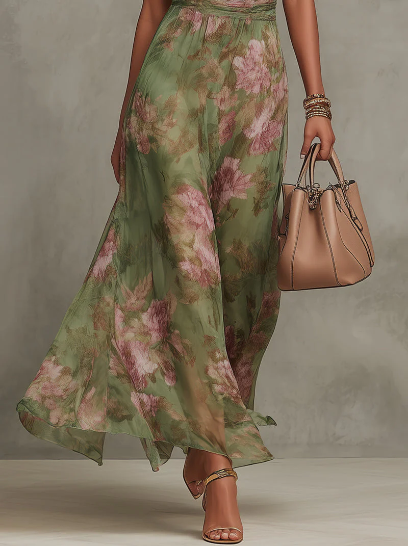Azalea - Vestido largo verde con estampado floral