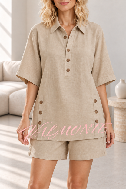 Conjunto liso de camisa holgada de manga corta con cuello y botones y pantalón corto con cintura elástica y bolsillos