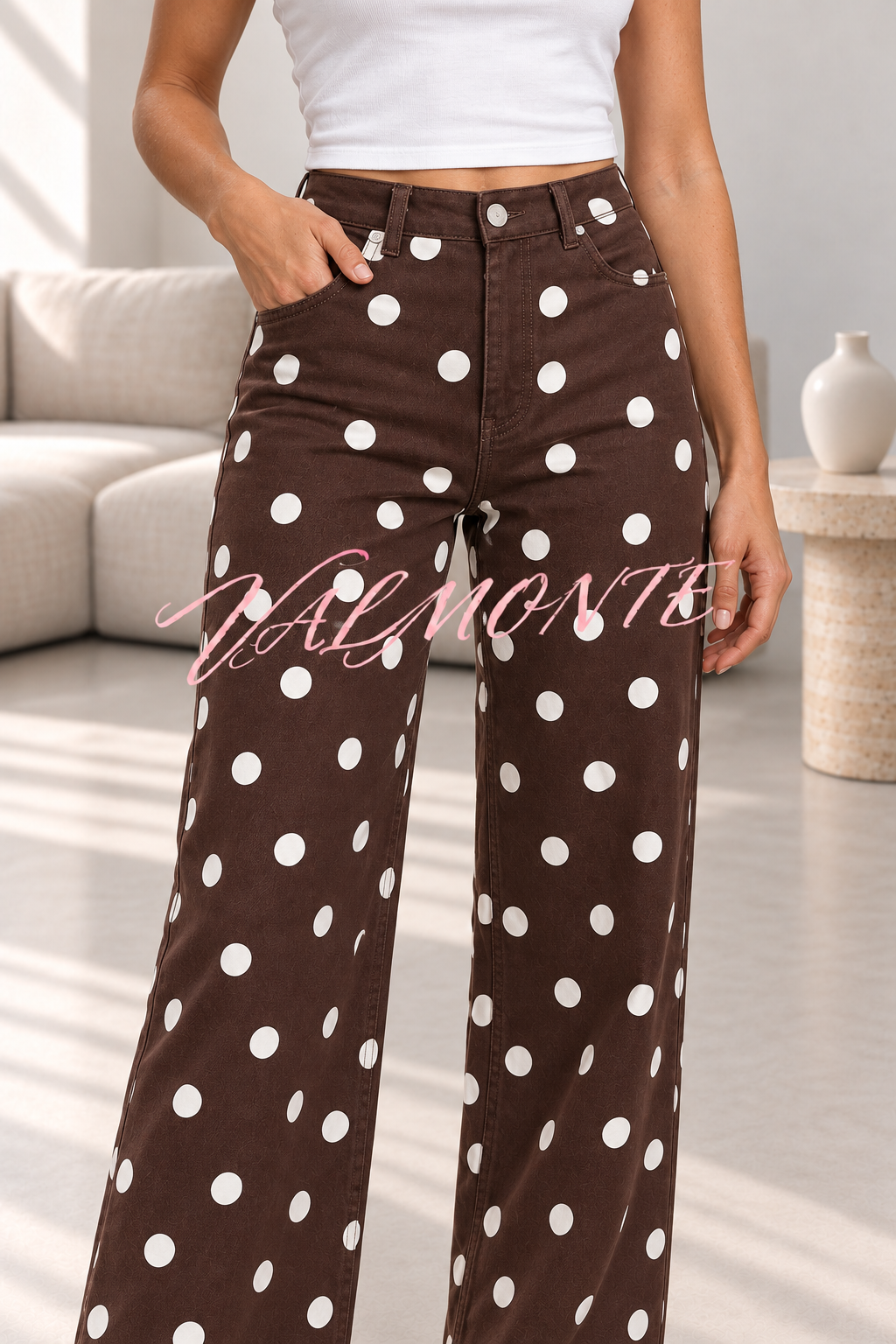 Pantalones de tiro alto con lunares y pierna ancha