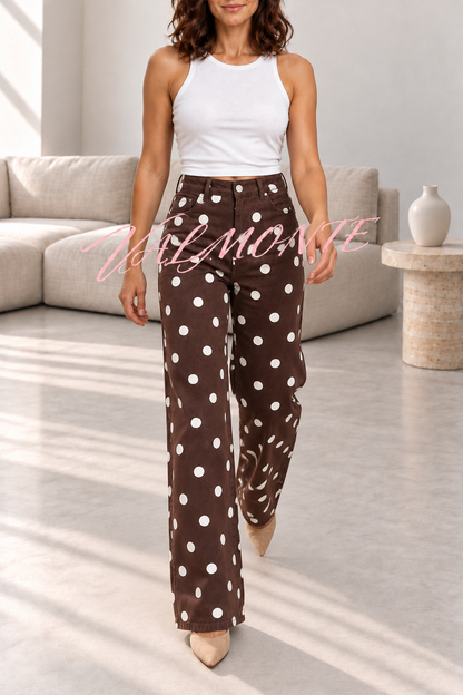 Pantalones de tiro alto con lunares y pierna ancha