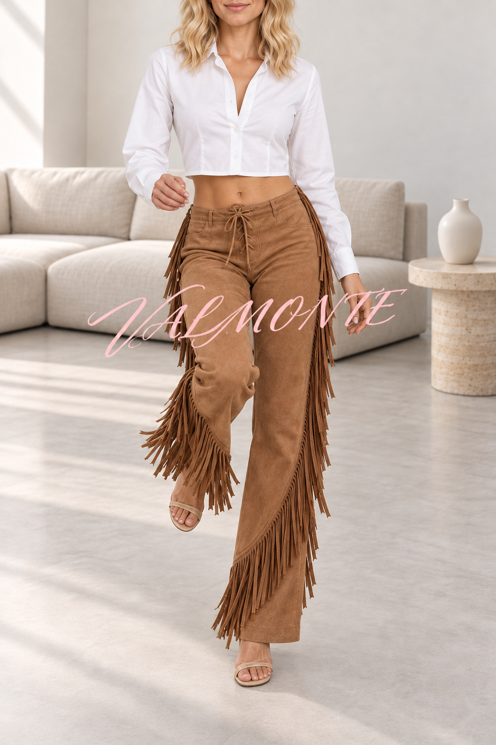 Pantalones holgados de estilo vintage, con cordones, ribete de borlas en la cintura y bolsillos