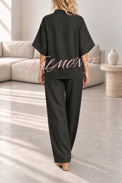 Conjunto de mezcla de lino con blusa abotonada y pantalón holgado