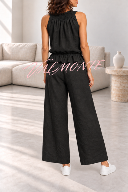 Conjunto de mezcla de lino con top de volantes y pantalón ancho