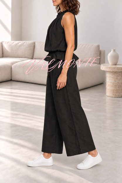 Conjunto de mezcla de lino con top de volantes y pantalón ancho