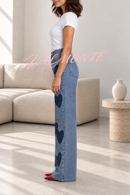 Vaqueros retro informales de cintura alta, con estampado de corazones, bolsillos y pernera ancha