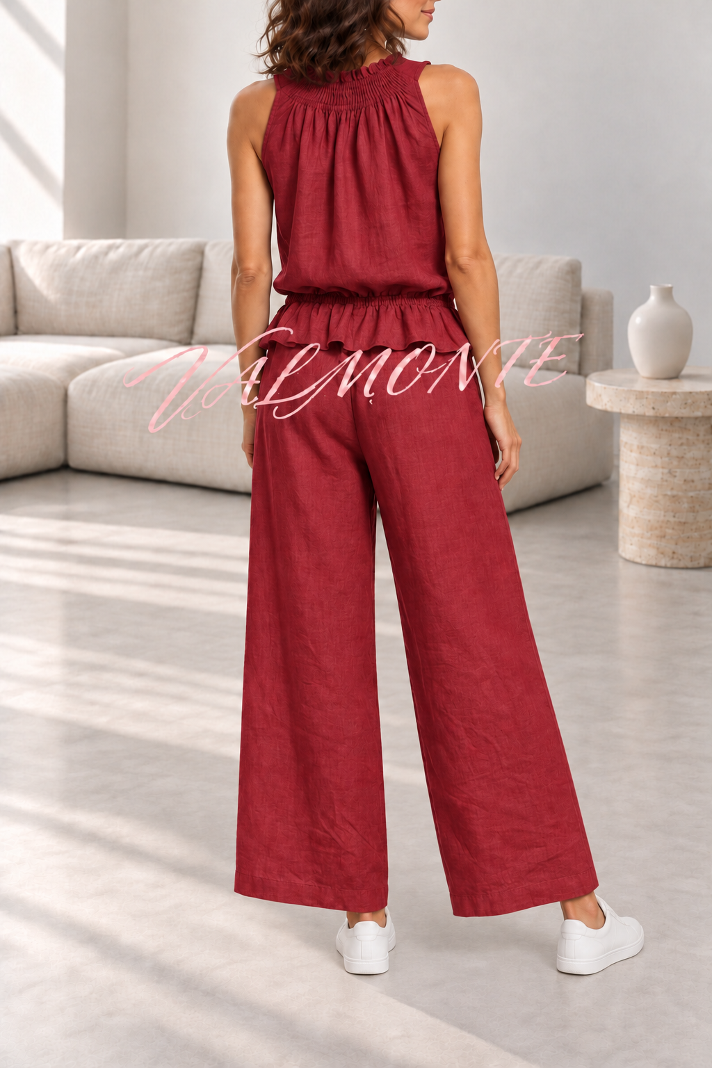 Conjunto de mezcla de lino con top de volantes y pantalón ancho