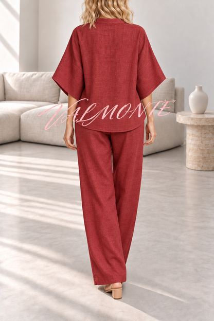 Conjunto de mezcla de lino con blusa abotonada y pantalón holgado