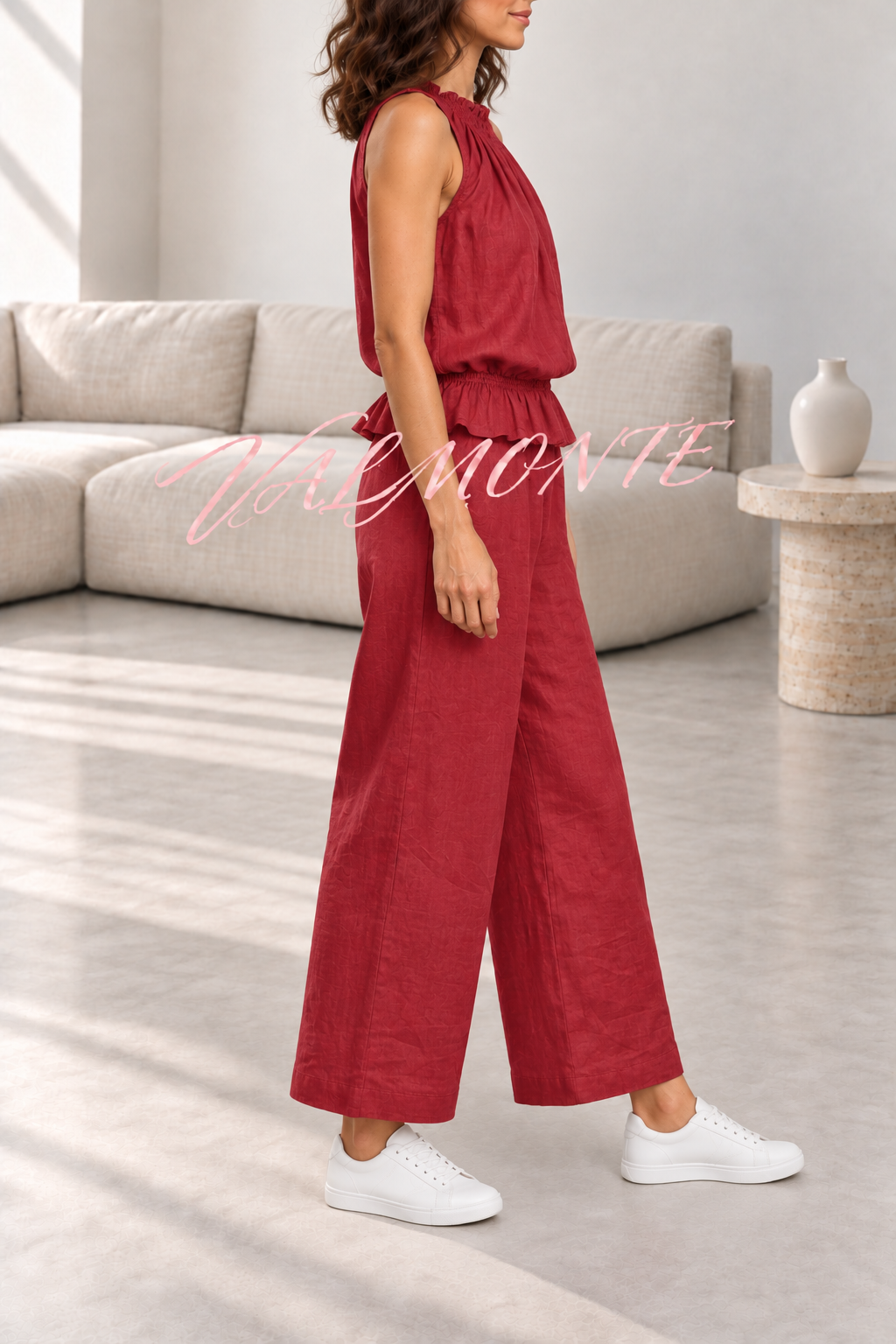 Conjunto de mezcla de lino con top de volantes y pantalón ancho