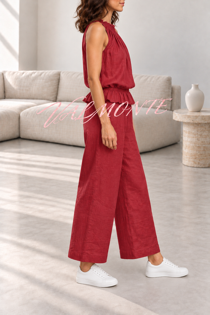 Conjunto de mezcla de lino con top de volantes y pantalón ancho