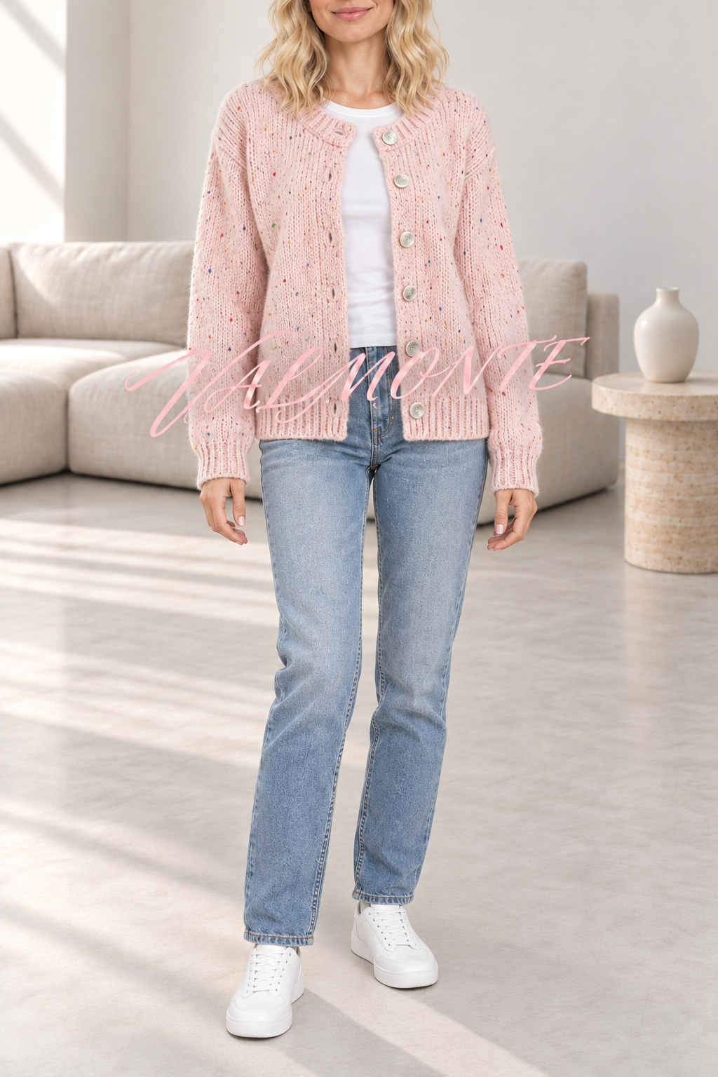 VALMONTE — Cárdigan de punto con botones y motas de colores — rosa — vista frontal