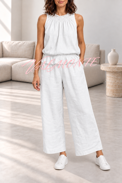 VALMONTE — Conjunto de mezcla de lino con top de volantes y pantalón ancho — blanco — vista frontal