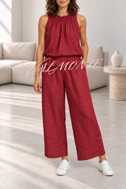 VALMONTE — Conjunto de mezcla de lino con top de volantes y pantalón ancho — rojo — vista frontal