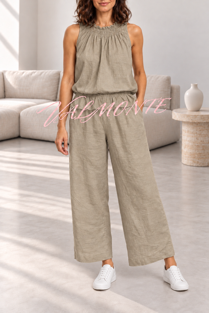 VALMONTE — Conjunto de mezcla de lino con top de volantes y pantalón ancho — beige — vista frontal