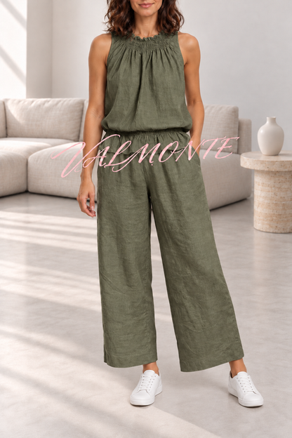 VALMONTE — Conjunto de mezcla de lino con top de volantes y pantalón ancho — verde oliva — vista frontal